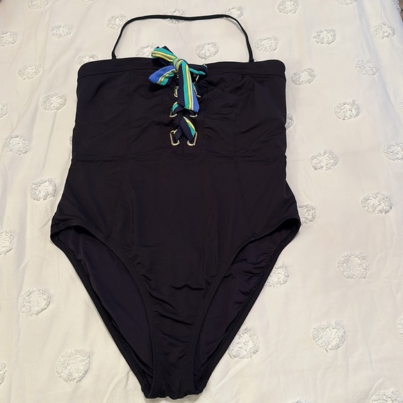 Trina Turk ipanema one piece bandeau lace up black blue swimsuit large - Picture 3 of 6